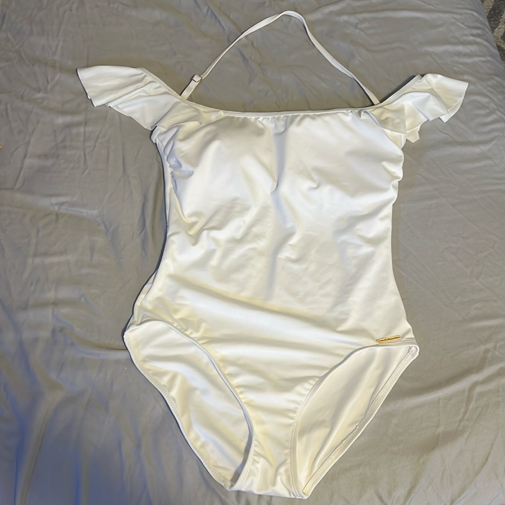 White Off The Shoulder Ruffle One Piece - Nwt